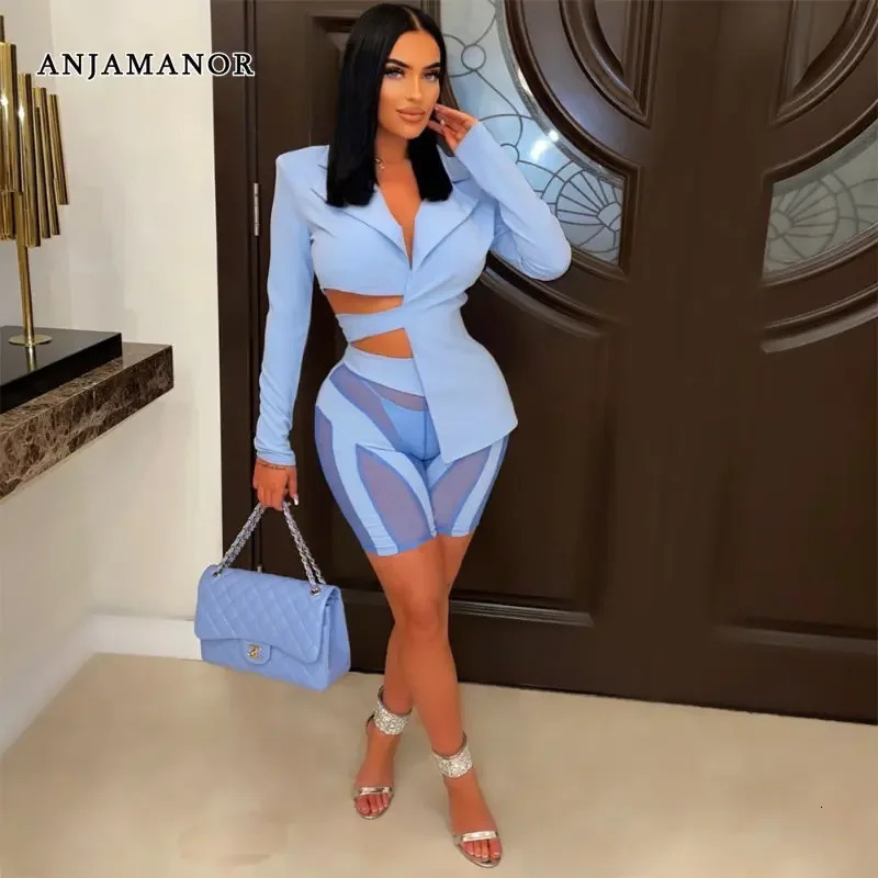 ANJAMANOR Two Piece Club Outfits Women Sexy Asymmetric Blazer and Mesh Shorts Leggings Matching Sets Fall D58ED25 260306