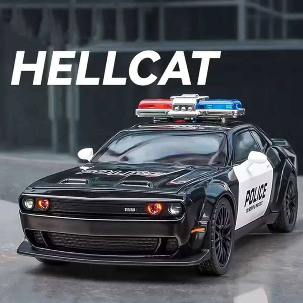 1:24 Challenger SRT Hellcat Alloy Police Car Diecast Model Toys Front Wheel Steering Sound Light Pull Back Vehices for Kids Gift Z260306