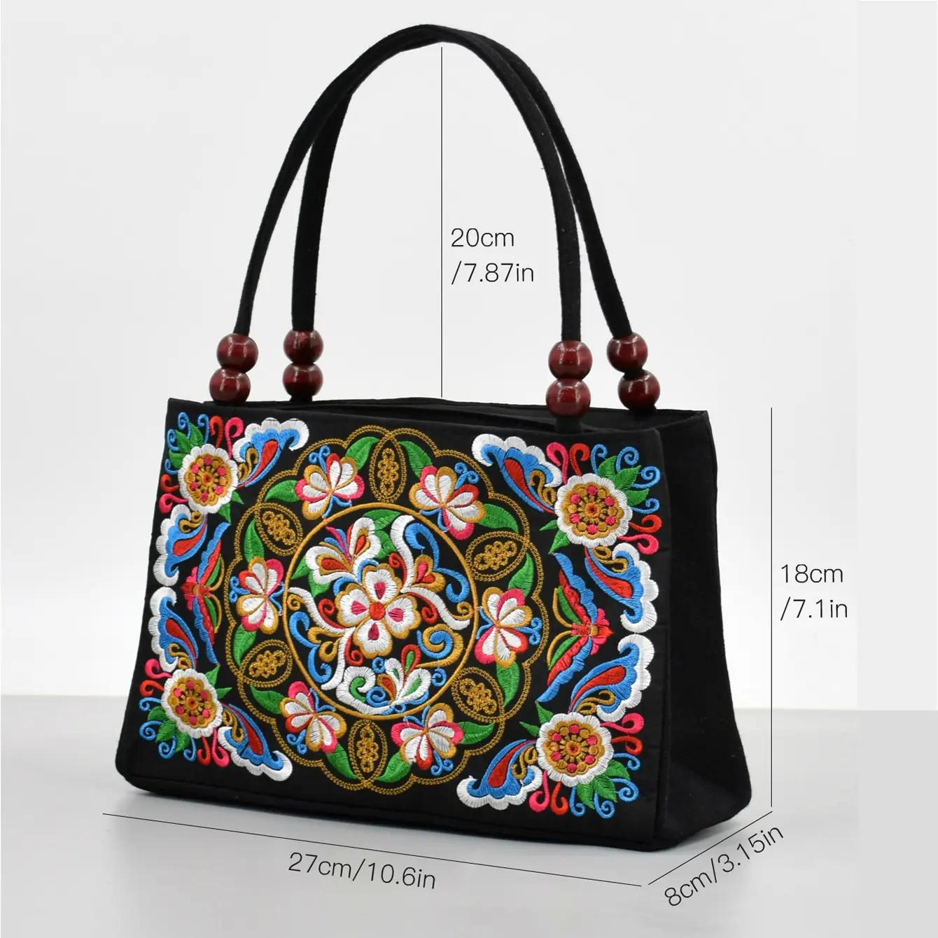 Stylish Floral Embroidered Handbag Trendy Zipper Canvas Bag Womens Fashion Purses 260306
