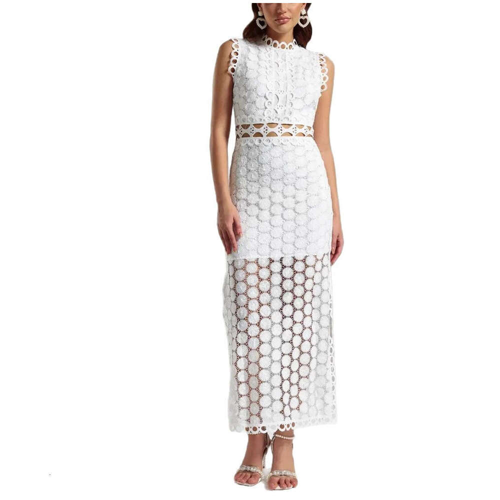 2026 Spring a3 and Summer European and American Vacation Style Sleeveless Hollow Lace Slimming Split Tight Dress for Women
