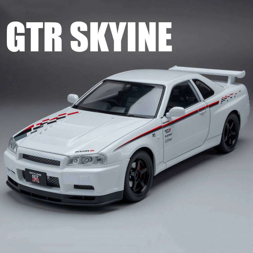 1:24 Scale GTR R34 SKYLINE Car Toys Diecast Alloy Model Front Wheel Steering with Sound Light Pull Back Vehcie Fashion Ornaments Z260307