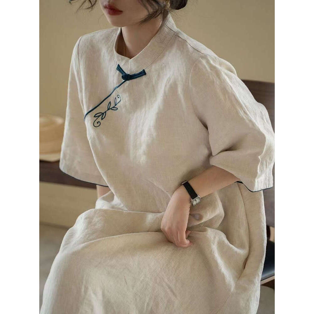 Mardi Hefxessdr Summer Retro Embroidery New Chinese Style Improved Qipao Small Stand Collar Loose Classical Elegant Mid-Length Dress