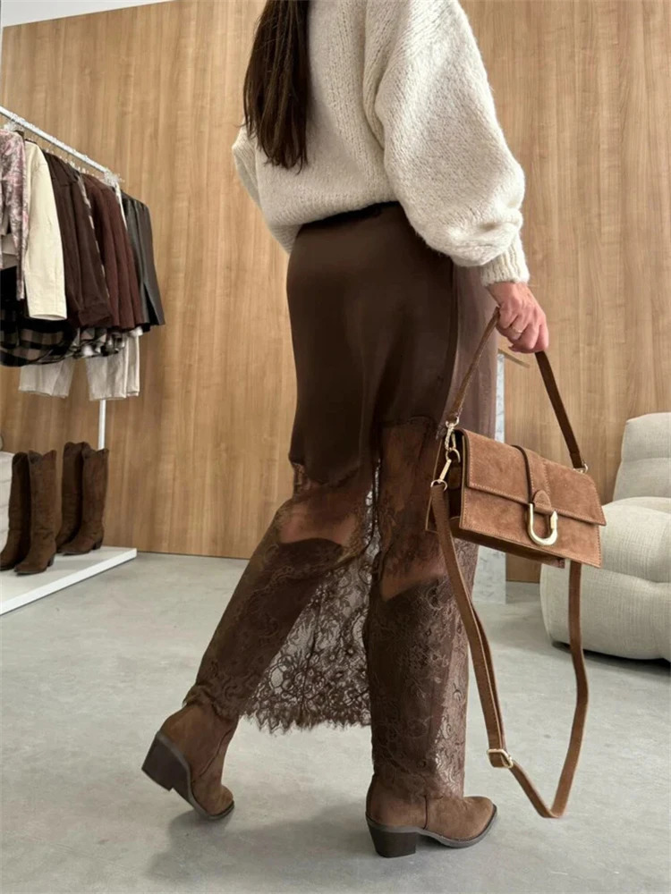 Trendix Women Patchwork Lace Skirts High Waist Slim Hollow Out Maxi Skirts Autumn Brown Fashion Party Club Boho Skirt 260306