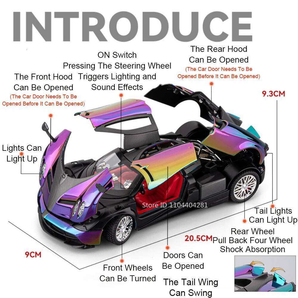1:24 Roadster PAGANI Huayra Alloy Model Diecast Toys Sound Light Pull Back Shock Absorption Miniature Car Christmas Toy Gift Z260306