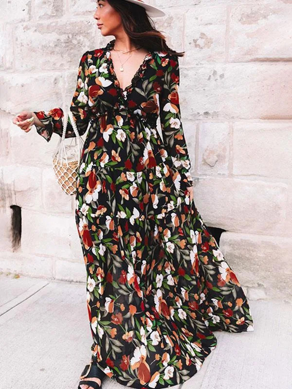 Elegant Floral Print Women Dress Spring Summer Casual Ruffle Layered Long Sleeved Chiffon A Line Maxi Party Vestidos 260306