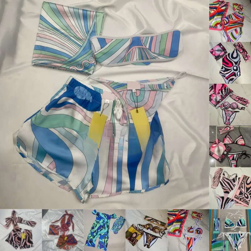 Colorful Women Bikini Swimwear Headband Sarong Designer Sexy Hollow Swimsuits Scarf Skirt V Neck Beachwear Beach Holiday Bathing Suits One Piece Swimsuit