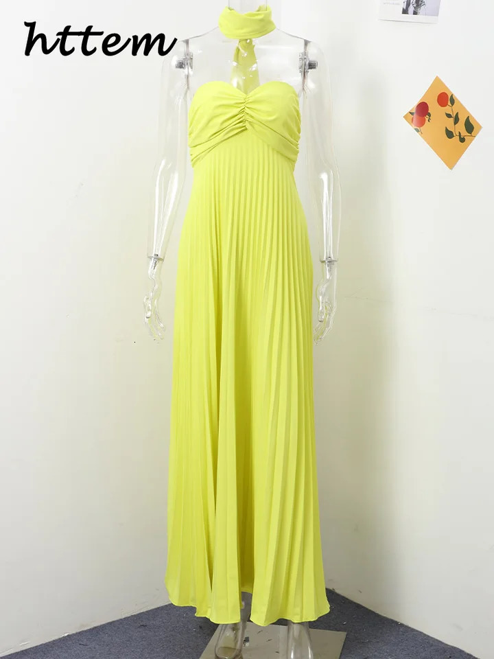 Elegant Strapless Ribbon Long Dress Women Sexy Sleeveless Backless Pleated Party Dresses Summer Lady Evening Robes 260306