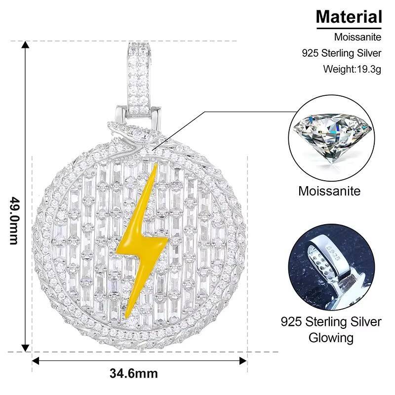 New Round Shaped Baguette Luxury Moissanite diamond Lightning Pendant Hip Hop Necklace in 925 Sterling Silver for Women Men