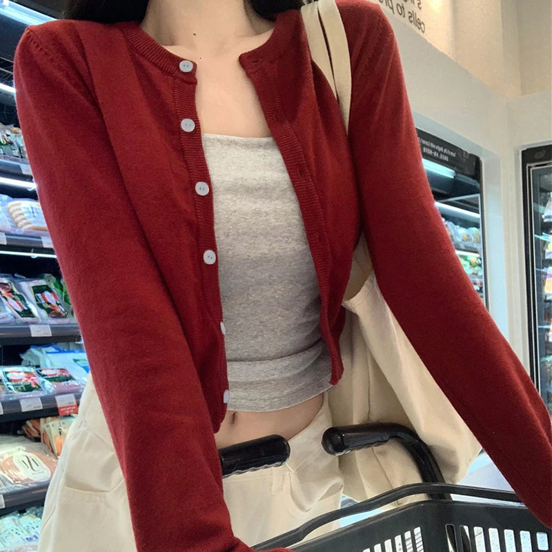 Alobee Red Cardigan Knit Early Autumn Women Clothes Outdoor Crop Sweater Outerwear Long Sleeve Top Bottoming Shirt 260306