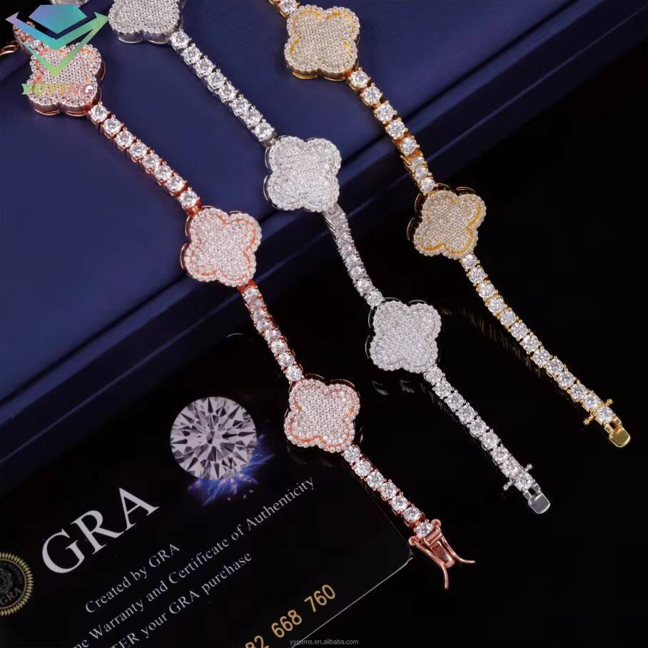 Clover Bracelet S925 Silver Moissanite Hip Hop Jewelry Cuban Iced Out Bracelet 3mm 4mm Moissanite Four Leaf Clover Bracelet