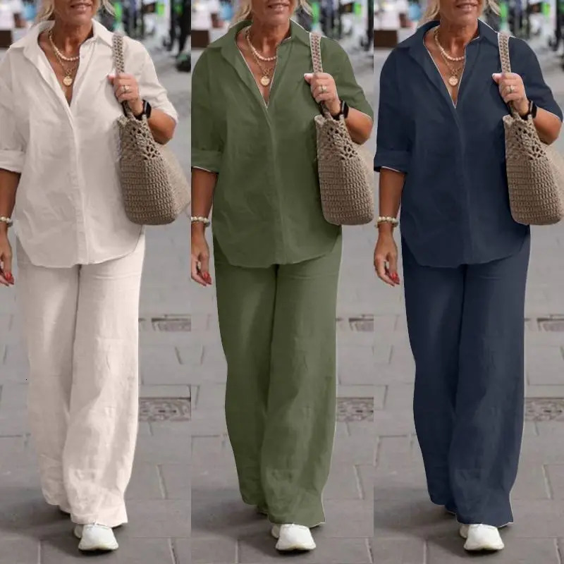 Elegant Womens Suits Female Cotton Linen Solid Shirt Two Piece Set For Women Long Sleeve Top Wide Leg Pants Set Casual Outfits 260304