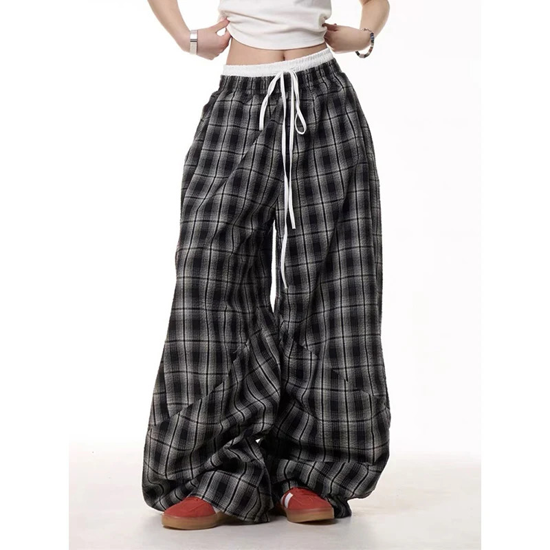 Black Plaid Patchwork Wide Leg Pants Mens Autumn American Vintage Y2K 2000s Style High Waisted Hip Hop Breathable Sweatpants 260303