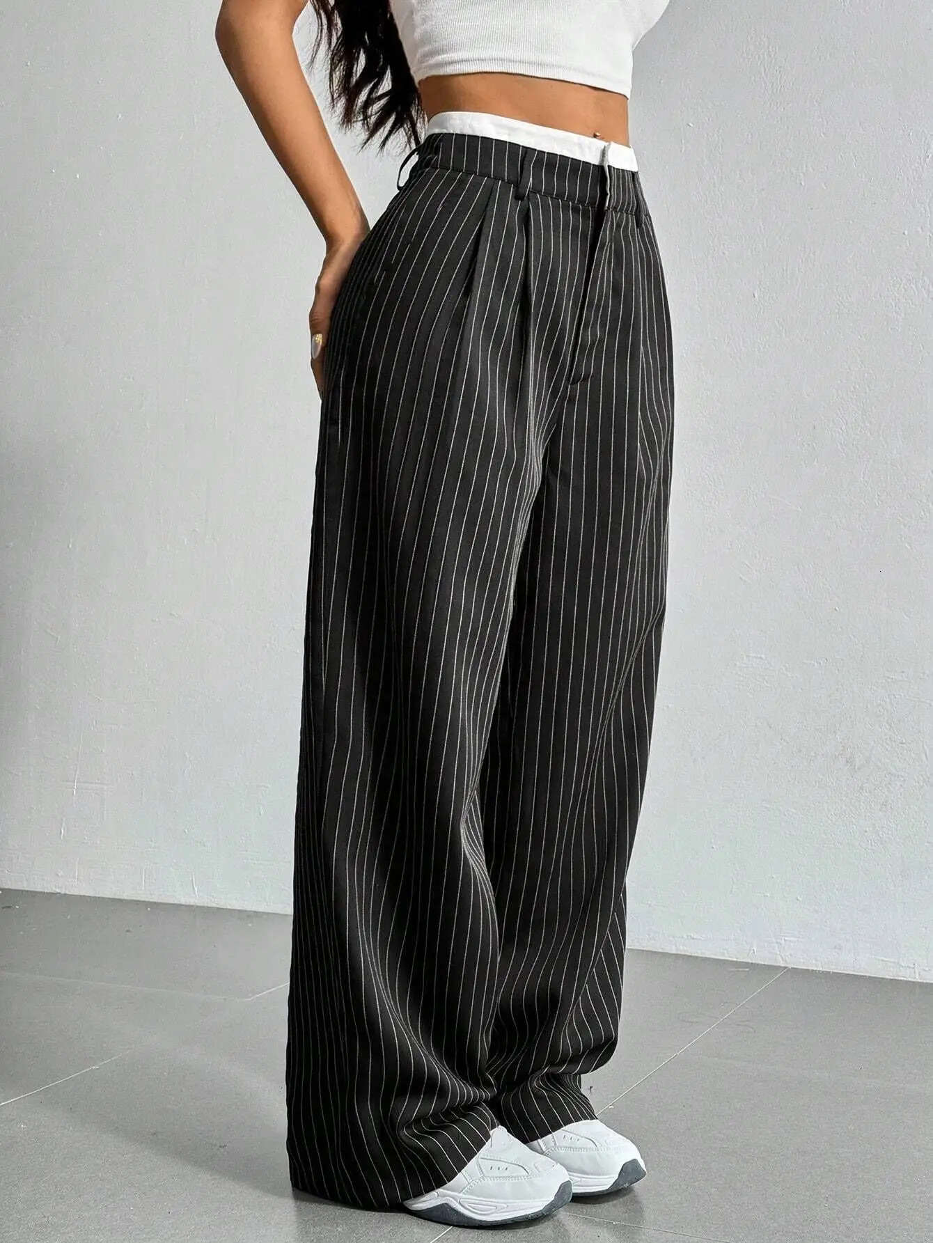 Womens Straight Leg Pinstripe Trousers High Waist Office Business Pants Casual Striped Dressy With Pockets 260306