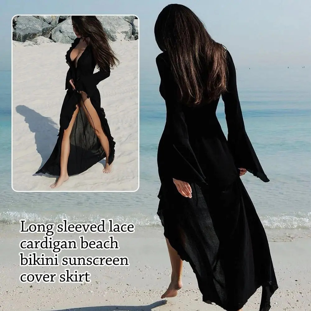 V Neck Summer Beach Cover Up Long Sleeve Ruffled Bikini Sunscreen Smock Vacation Casual Swimsuit Dress for Women 260228