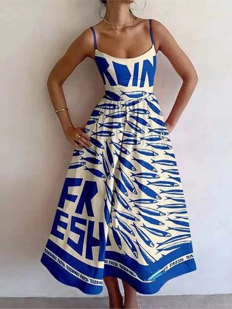 Fashion Trendy Print Spaghetti Strap Dresses Women Sexy Low Cut Backless A-line Sleeveless Dress Female Party Club Vestidos 260306