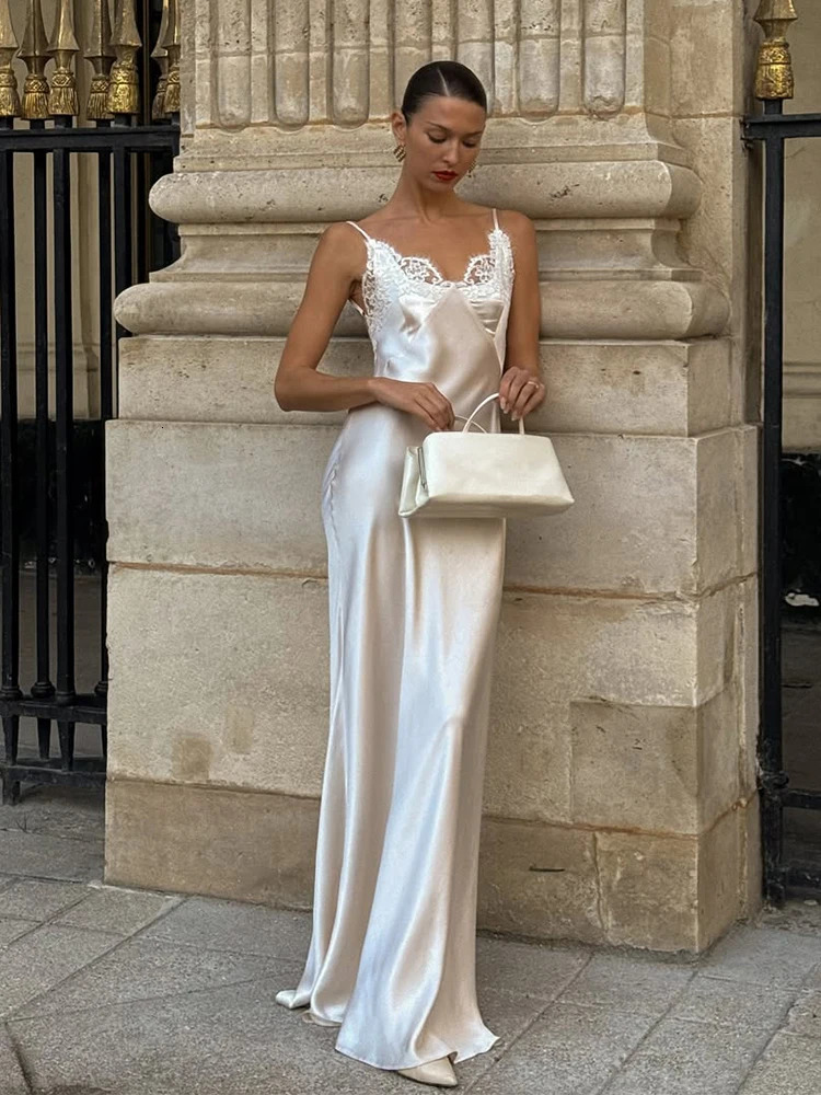 Lace Patchwork Sling Maxi Dress Women Sexy Solid Vneck Sleeveless Backless Satin Slim Long Gown Lady Chic Evening Party Dresses 260306