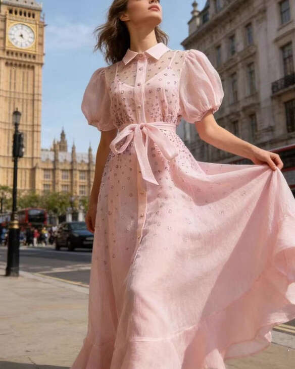 2026 European and A1 American fairy style retro dress with rhinestone semi transparent single breasted loose waistband long skirt