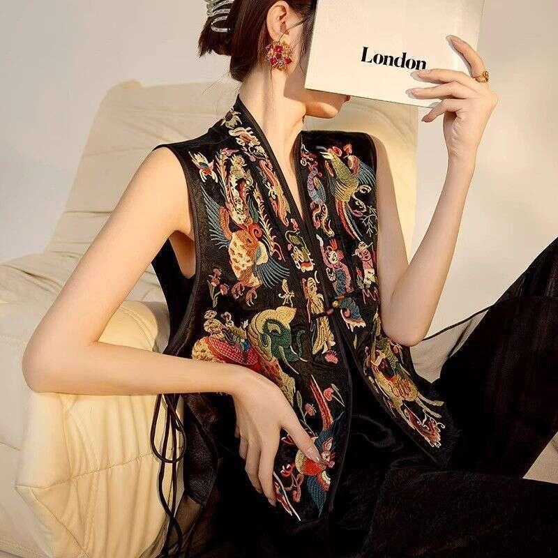 Mardi Hefxessdr Spring Summer Embroidered Heavy Work Mesh Women's Vest Chinese Style Top Outerwear Jacket Traditional National Design