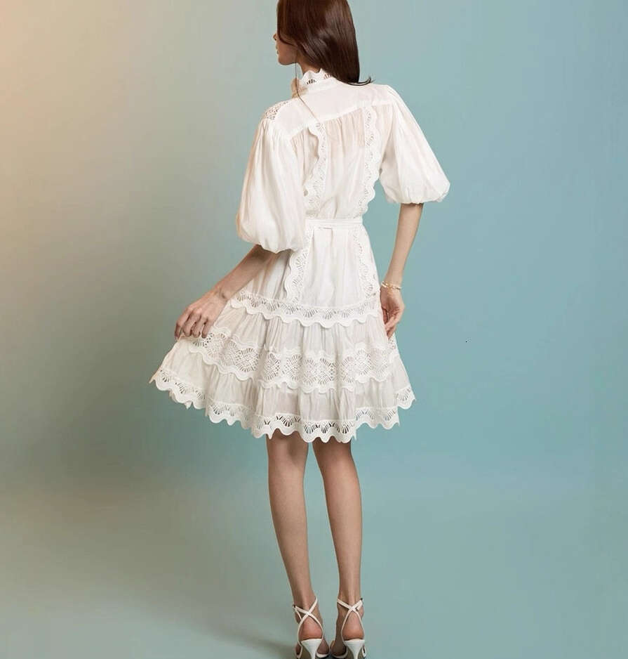 2026 Spring and Autumn Season European and American Minority Ladies Elegant Design Lace Bordered Lantern Sleeves Solid Color Loose Tie Skirt