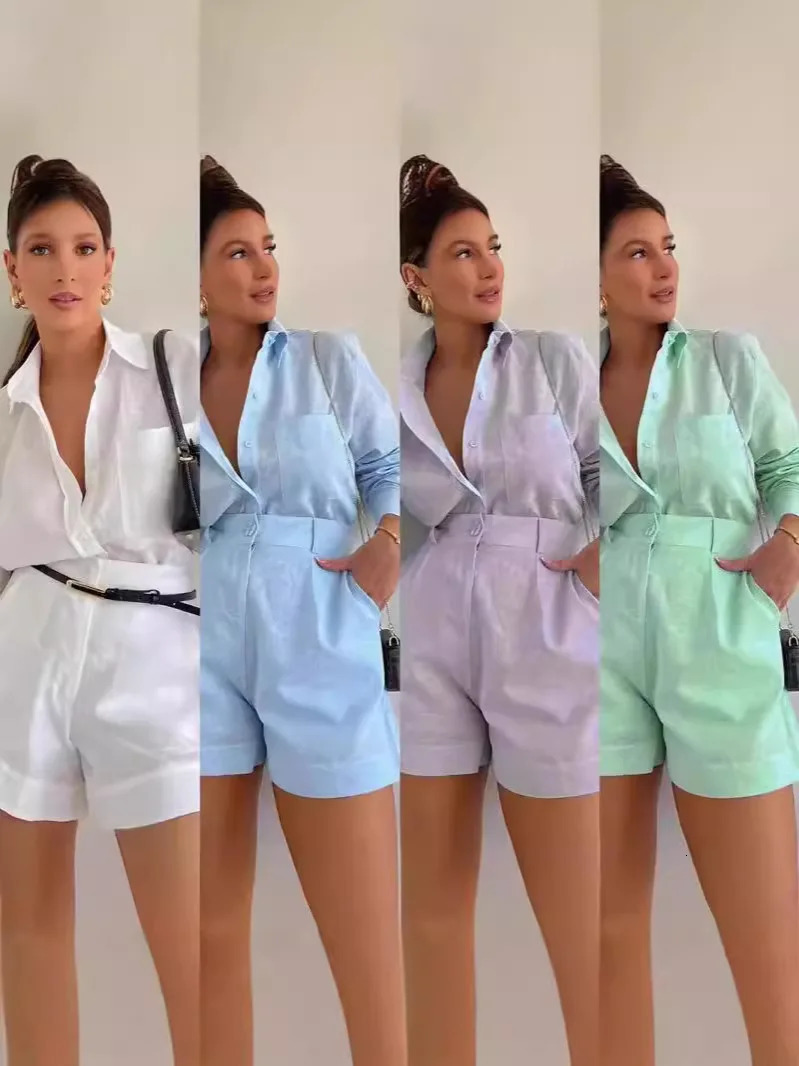 2026 Womens Long Sleeve 2Piece Set Casual Button Detail Shorts Outfit Shirt Top Summer Fashion Female Suit Y2k Clothing 260306