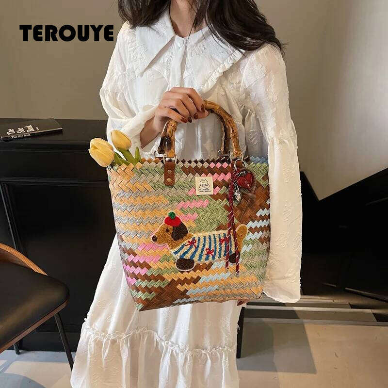Vintage Striped Hand Woven Vegetable Basket Handbag For Women, Large Capacity Commuting Bag, Hand-Held Bucket Bag TEROUYE