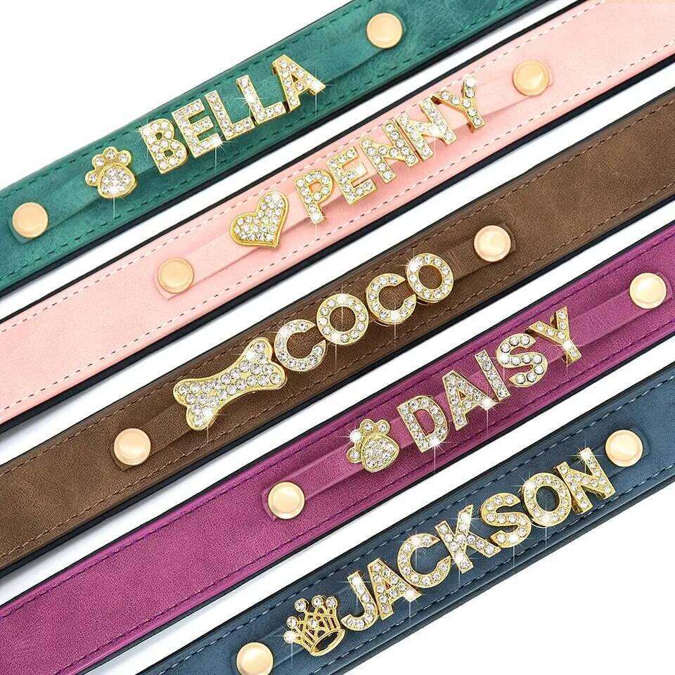 Customized Leather Dog Collar DIY Personalized Small Medium Dogs Chihuahua Pitbull Necklace Free Name Charms Pet Accessories 26Y0301