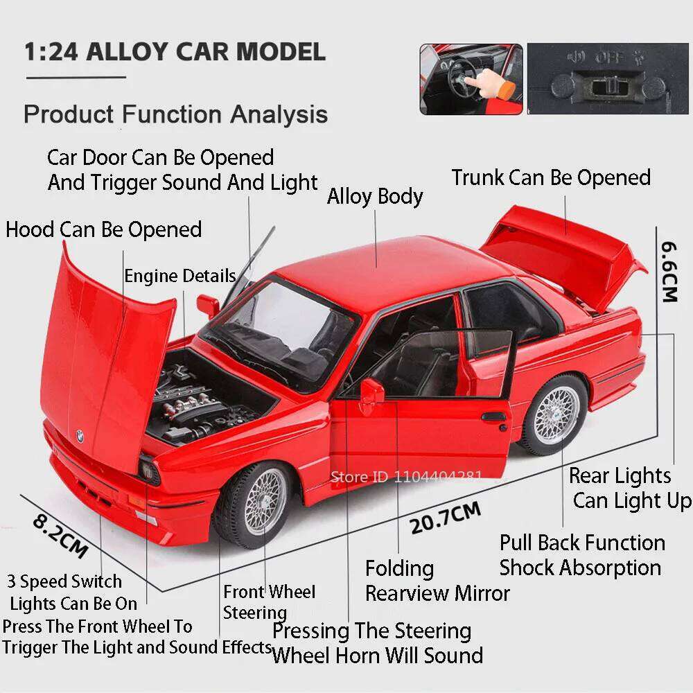 1:24 507 M3 Miniature Model Diecast Alloy Toys Sports Car Doors Opened with Sound Light Pull Back Vehice Decorative Collectibles Z260306