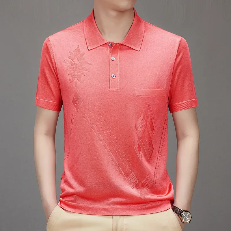 High End Mens Polo Shirts Casual Smooth Shiny Silk Short Sleeve Tennis Shirt Summer Business Dangling Mercerized Cotton T-shirt 260305