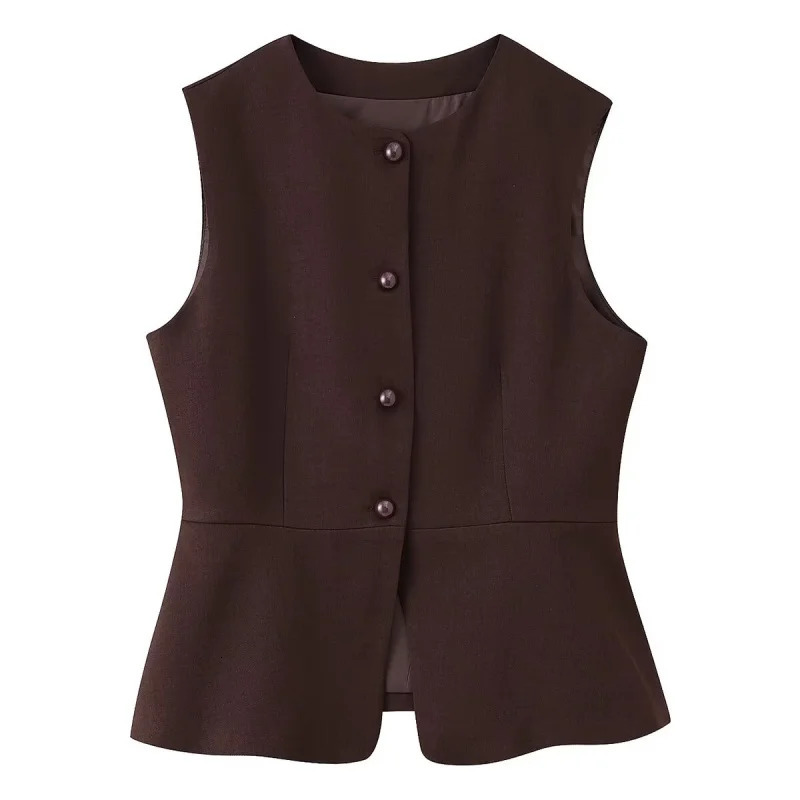 ETJ Autumn womens elegant fashion solid color round neck vest temperament versatile button up 260306