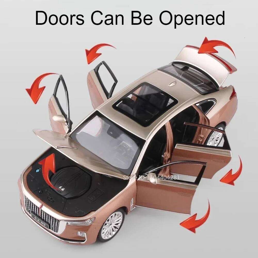 1:24 HONGQI H9 L5 Alloy Model Diecast Car Toy Sound Light Pull Back Door Opened Front Wheel Steering Vehice Collectible Ornament Z260307