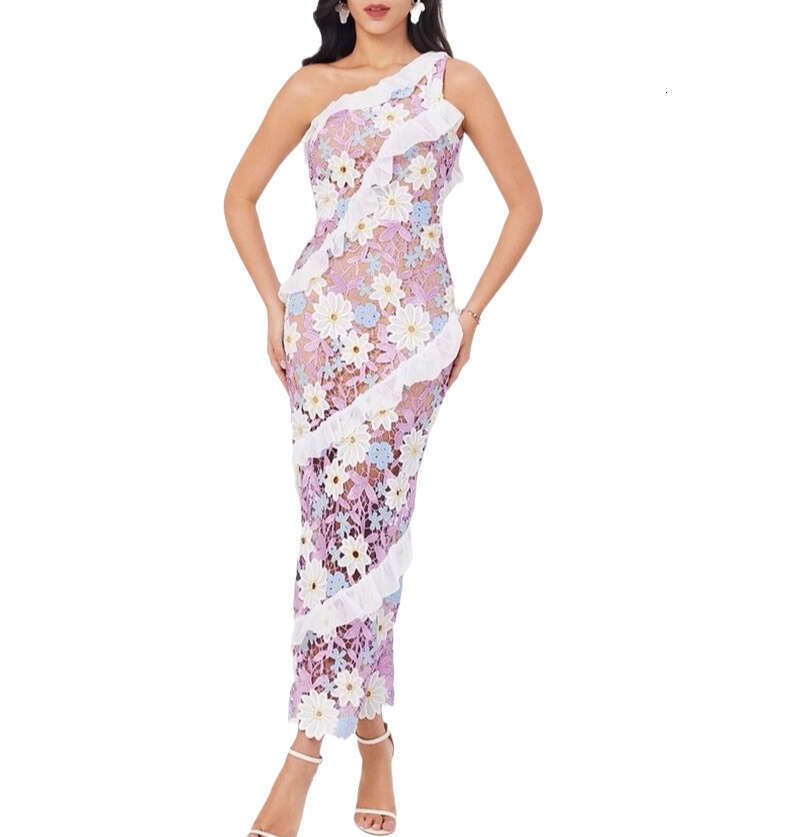 a3 2026 Spring and Summer Fashion Brand Design Single Shoulder Sleeveless Colorful Flower Lace Slimming Long Dress