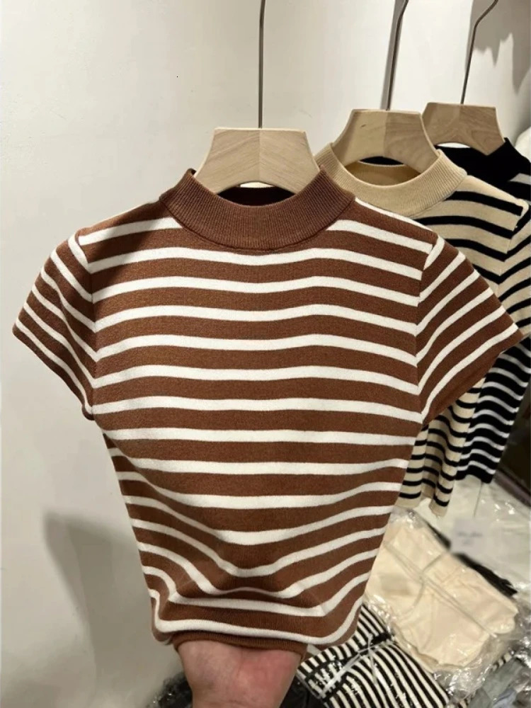 2026 Turtleneck Pullover Striped Sweater Slim Fit Top Shirt Womens Early Spring and Autumn Short Sleeve Bottoming 260306