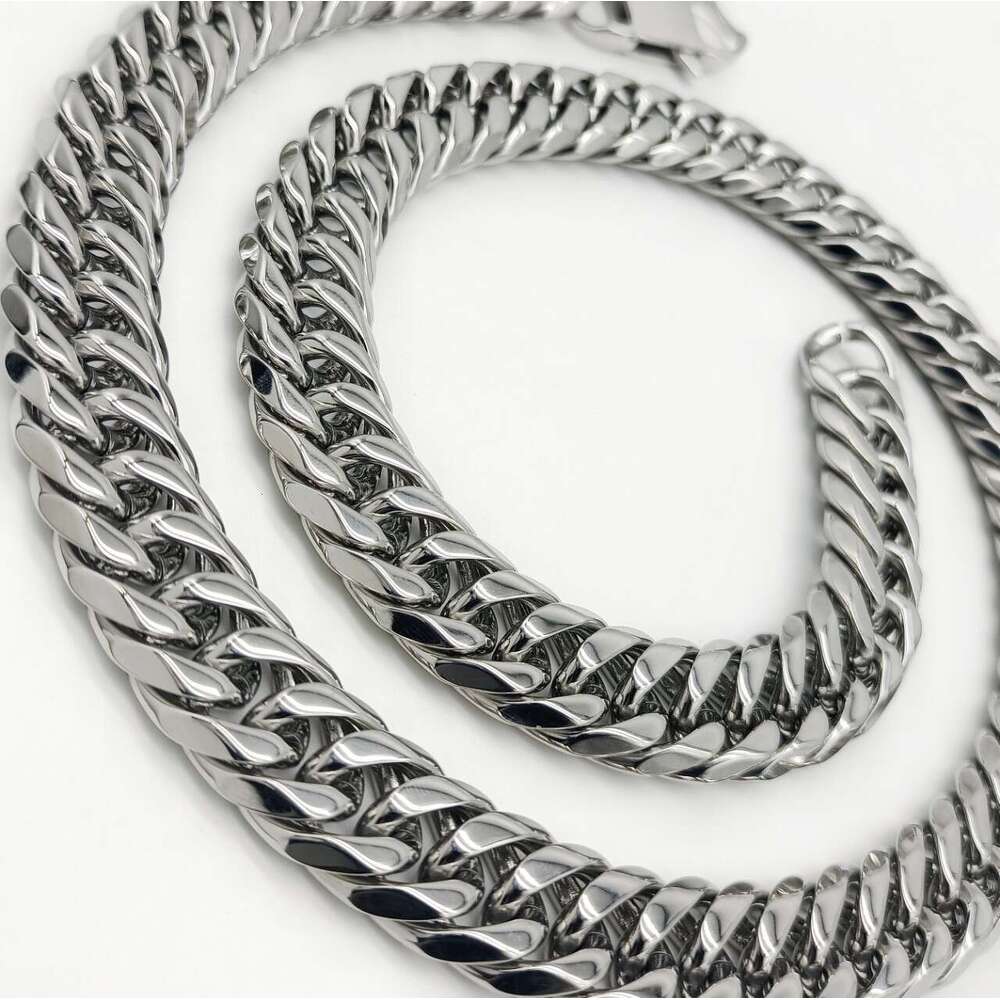 Titanium Cuban Stainless Steel Premium Weave Double Clasp Six-Sided Polished Chain Men's Trendy Necklace Hip Hop