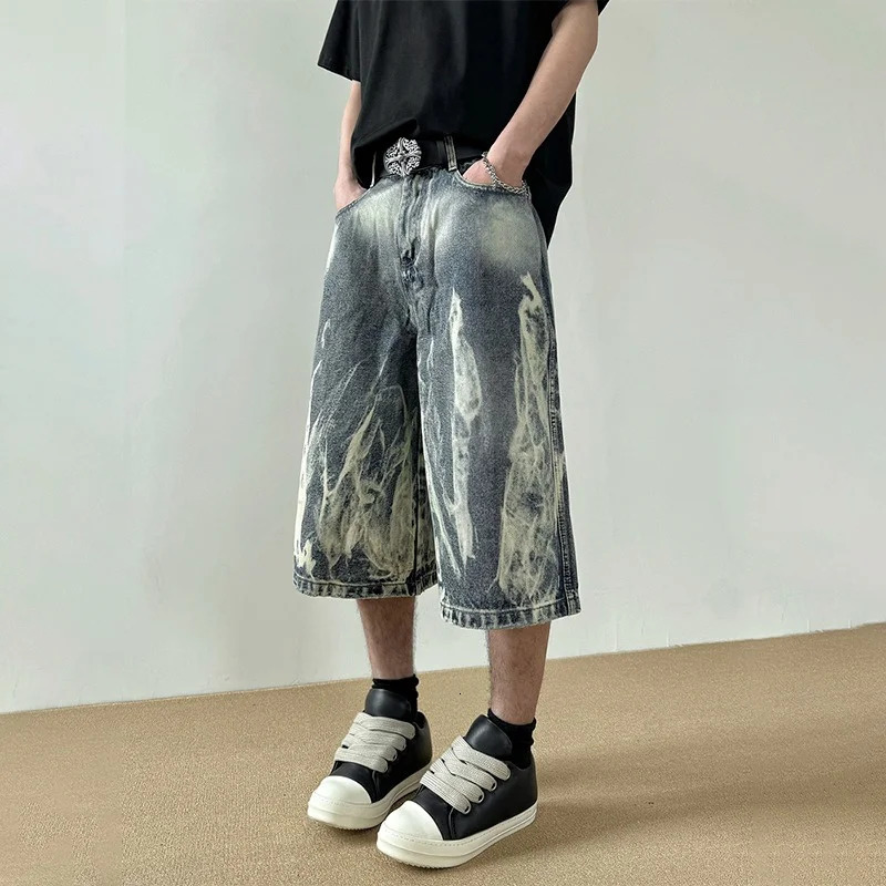 2026 Flame Graphic Print Denim Shorts For Men Hip Hop Fashion Straight-leg Baggy Jorts Punk Tie Dye Gradient Y2K Short Jean 260306