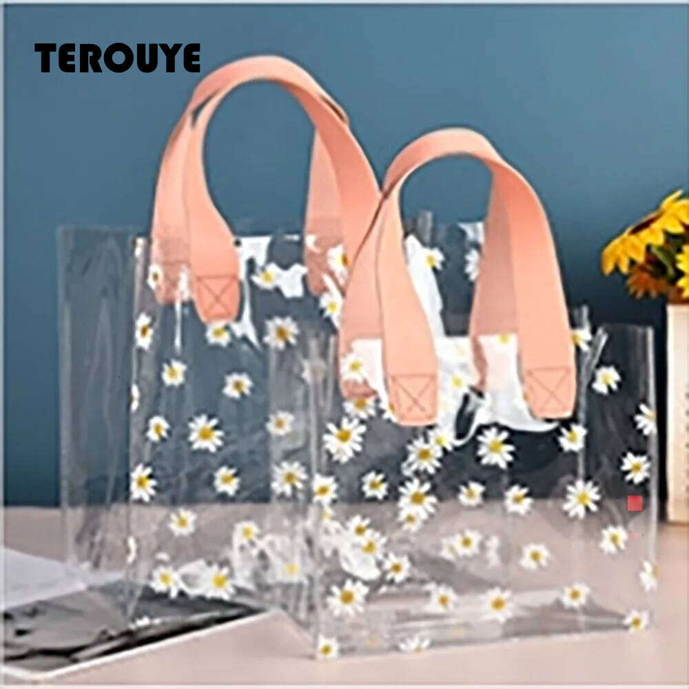 High Quality PVC Clear Tote Little Daisy Waterproof Storage Handle Gift Bag Transparent Shopping Bags TEROUYE