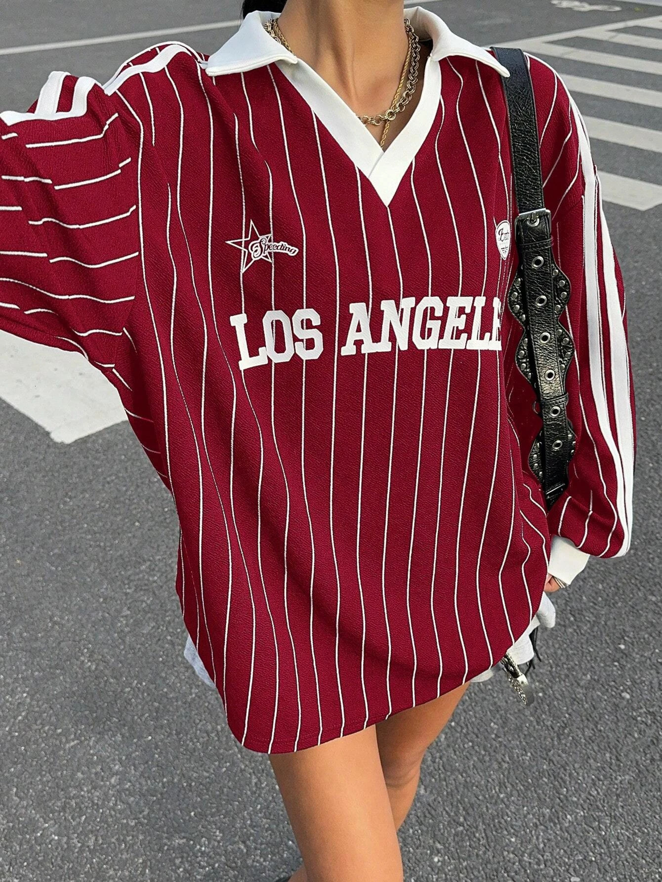 Womens Casual Striped Letter Number Print Athletic Polo Collar Long Sleeve TShirt Drape Oversize Tops Streetweat SpringFall 260228