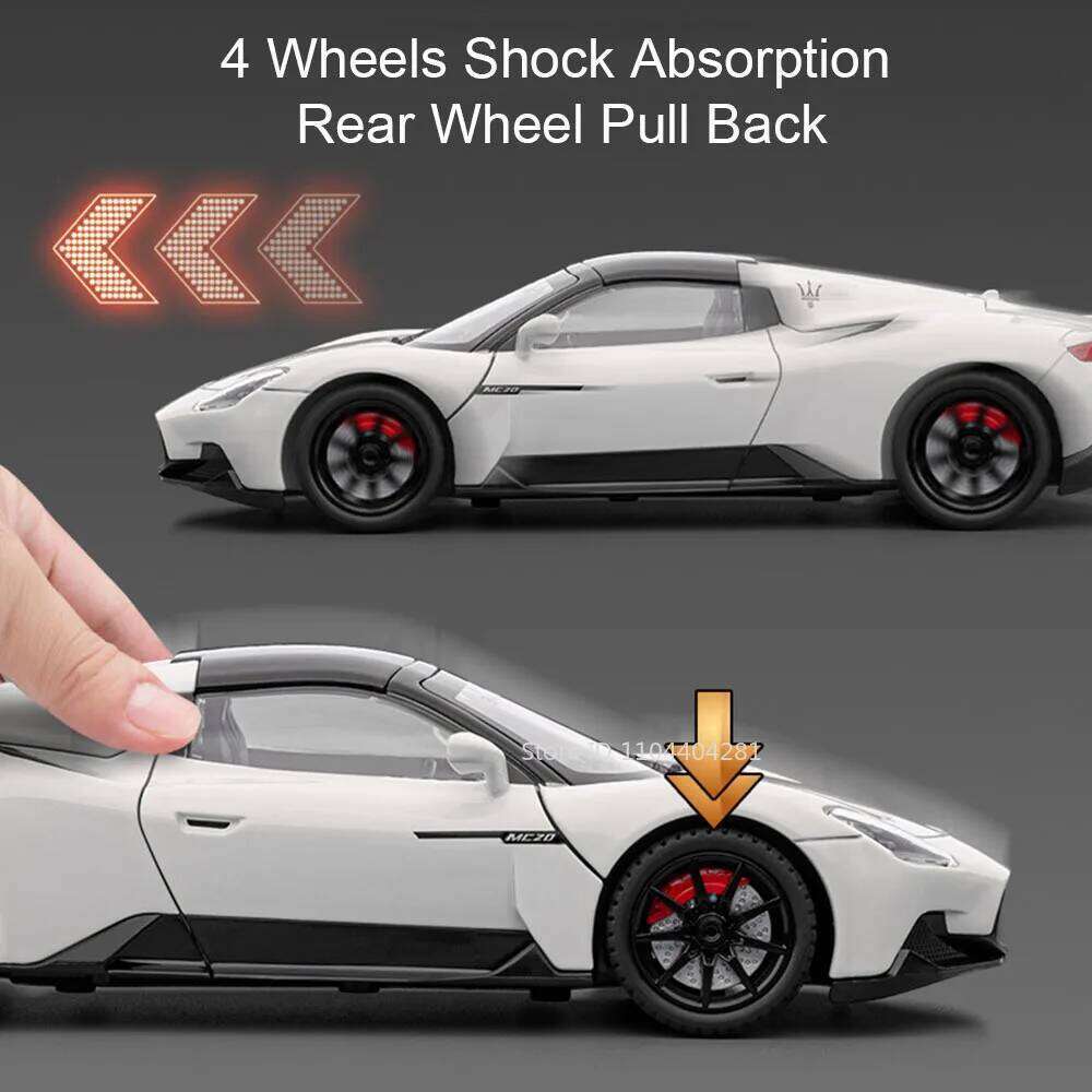 1:24 MC20 Atlantic Alloy Sports Car Diecast Model Toy Front Wheel Steering Sound Light Pull Back Miniature Vehice Childrens Gift Z260307