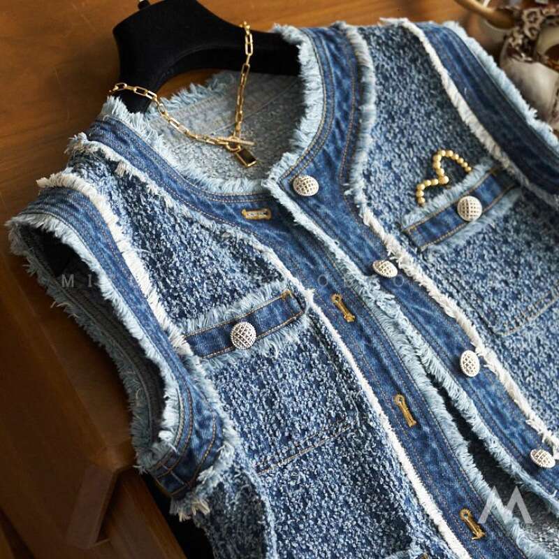 Mardi Hefxessdr Women's Spring Autumn 2026 New Flow Sleeveless Tank Top Coat Fragrant Fur Edge Denim Vest