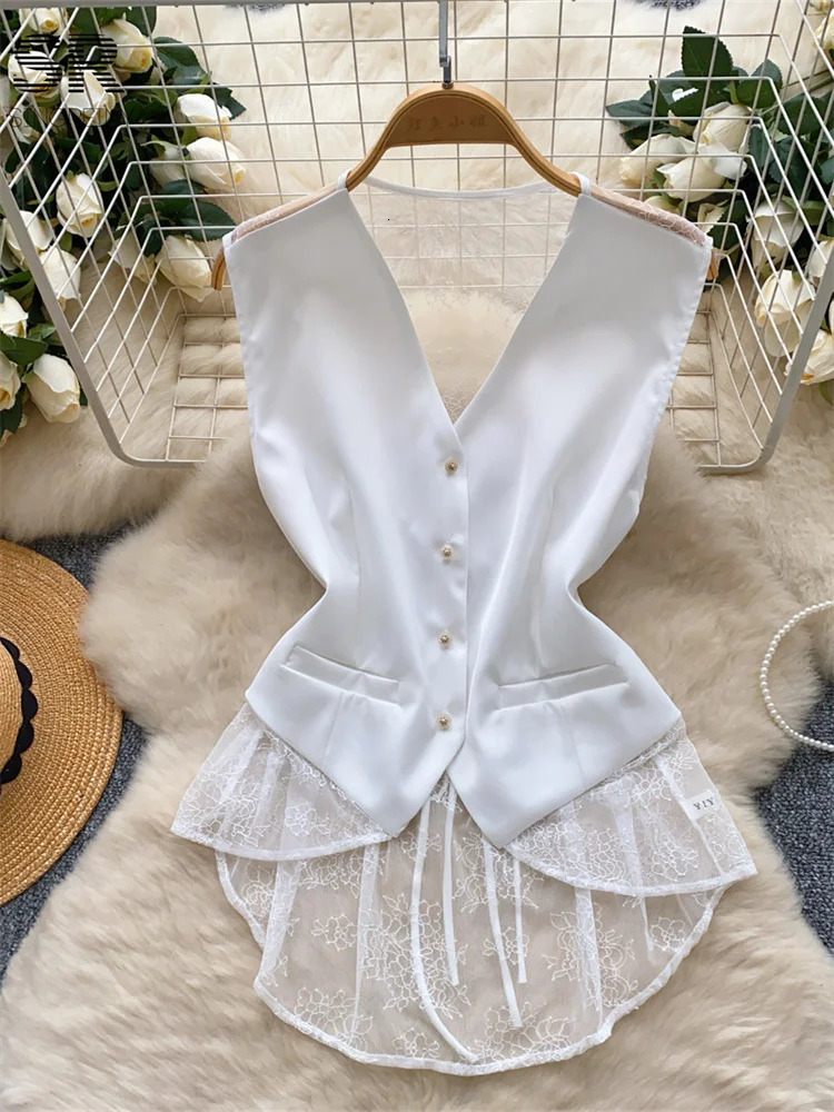 SINGREINY Backless Sexy Tank Vest Sleeveless Single Breasted V Neck Spliced Lace Skinny Sheer Irregular Summer Women Tops 260306