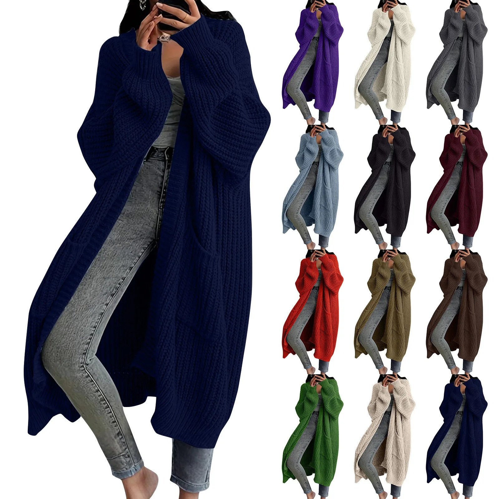 Womens Fashionable Solid Color Long Sleeved Knee Length Knitted Cardigan Fashion Lazy Trend Casual Warm Loose Outwear 260305