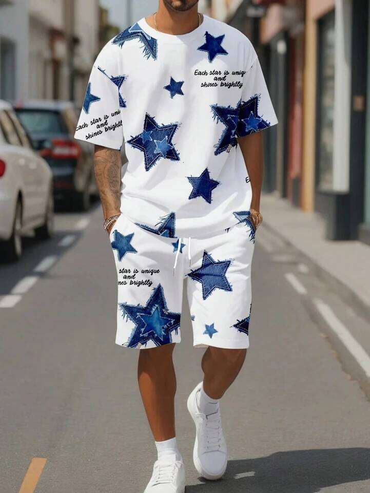 Fashion Men's Black And White Flower Graphic Print T-Shirt 2-Piece O-Neck Short Sleeve Top Elastic Waist Shorts Set