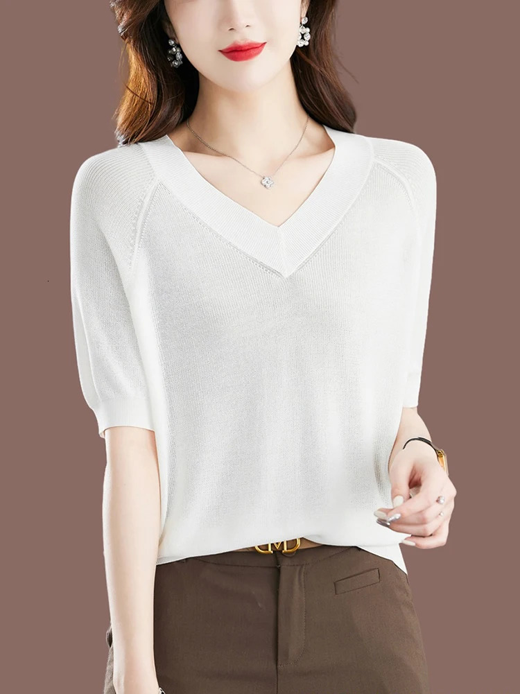 Summer Ice Silk Knitted Tops Women Casual Loose Vneck Thin Knitwear Tshirts Big Size 4xl Korean Short Sleeve Pullover Tee 260306