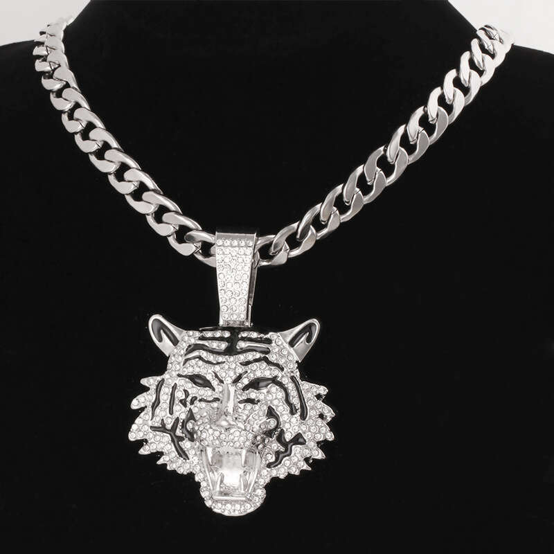 European and American Cross-Border Hot-Selling High-Quality 3D Tiger Pendant Alloy Full Diamond Cuban Chain Hip-Hop Trend Men's Jewelry