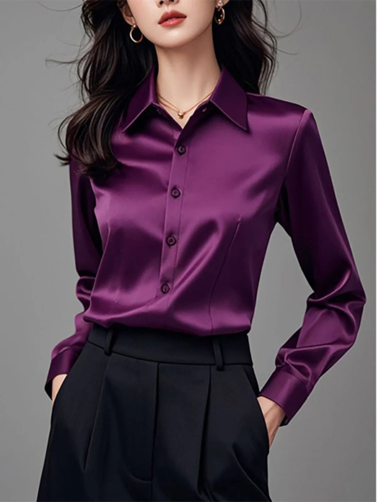 Ele Purple Silk Satin Long Sve Womens irt Profional Faionable Commuting Sle Autumn Arrival Loose Fit Pol 260228