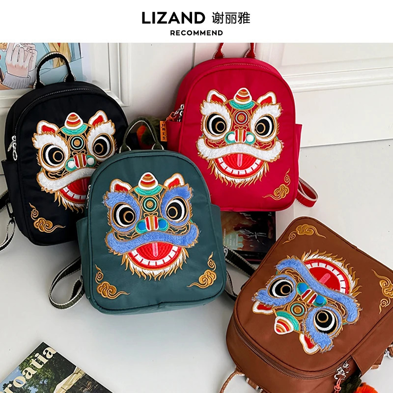 Red Embroidered Lion Dance Large Capaci Double oulder Bag Womens Travel Bapa Autumn Winter Sle Retro Chinese T 260307