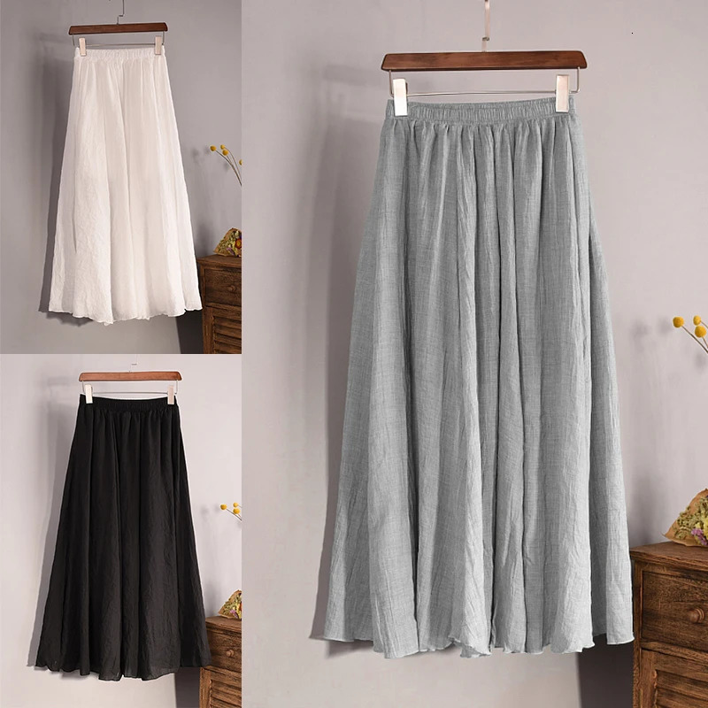 Vintage Solid Pleated Long Skirts Cotton Linen Maxi Skirt for Women Summer Elastic Waist Girls Boho Beach Skirt A-Line Skirt 260306
