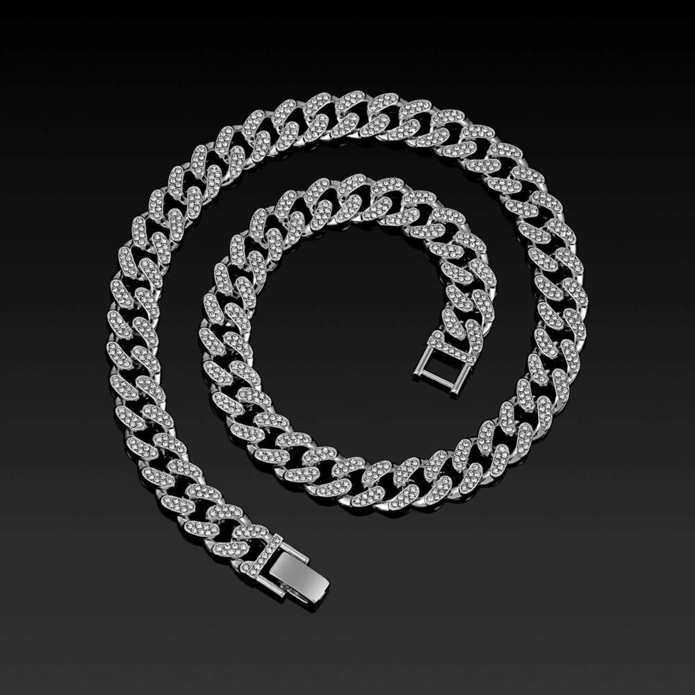 13mm Watch Buckle Full Diamond Cuban Necklace Rhinestones High-Quality Electroplating Cross-Border Men and Women Hip-Hop Jewelry Wholesale