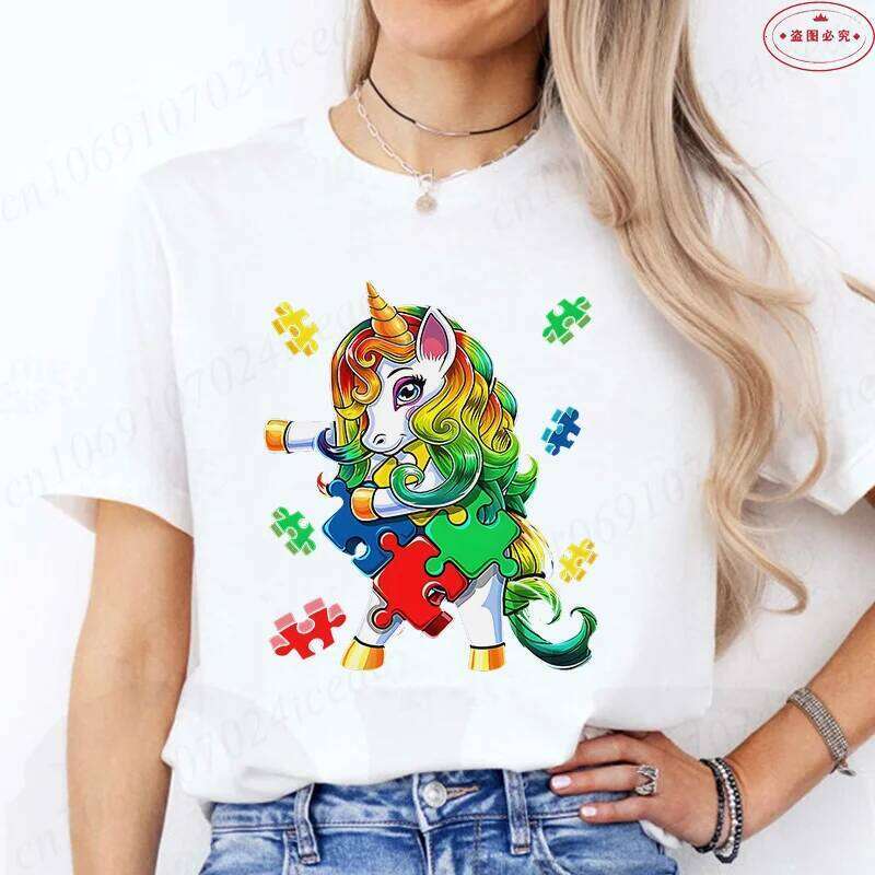 Autism T-Shirt for Women Clothing Summer O Neck Short Sleeve Tees Shirt Awareness Month Unicorn Graphic Y2k Tops XJ260306 XJ260306