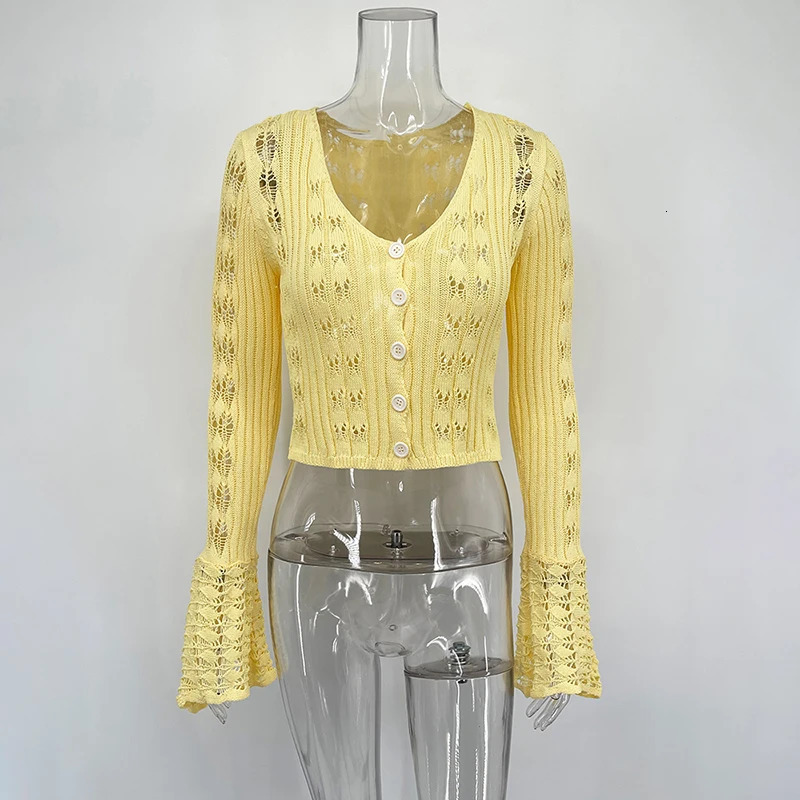 TARUXY Hollow Knitted Cardigan Womens Solid Long Sleeve V Neck Short Sweater Top Summer Female Crochet Casual Outwear 260305