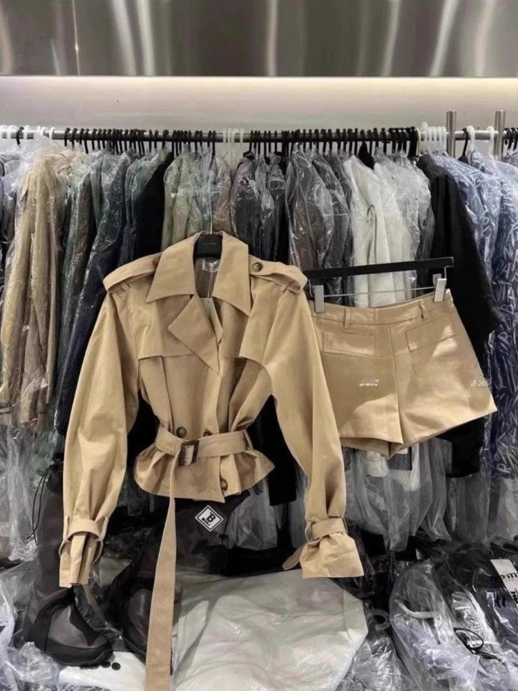 Y2k Long Sleeve Trench Coat Women Vintage High Waist Shorts Autumn Two Piece Sets Crop Tops Casual Streetwear 260306